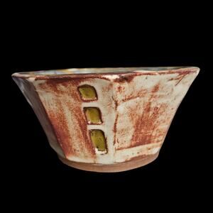 Signed Studio Pottery Bowl Faceted Stoneware KAS 2017 5.5 Inch Tan